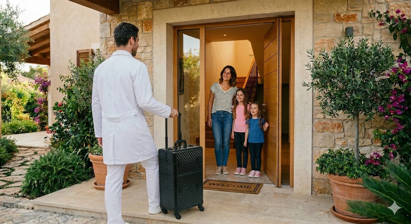 Technicien anti-poux arrivant au domicile d'une famille